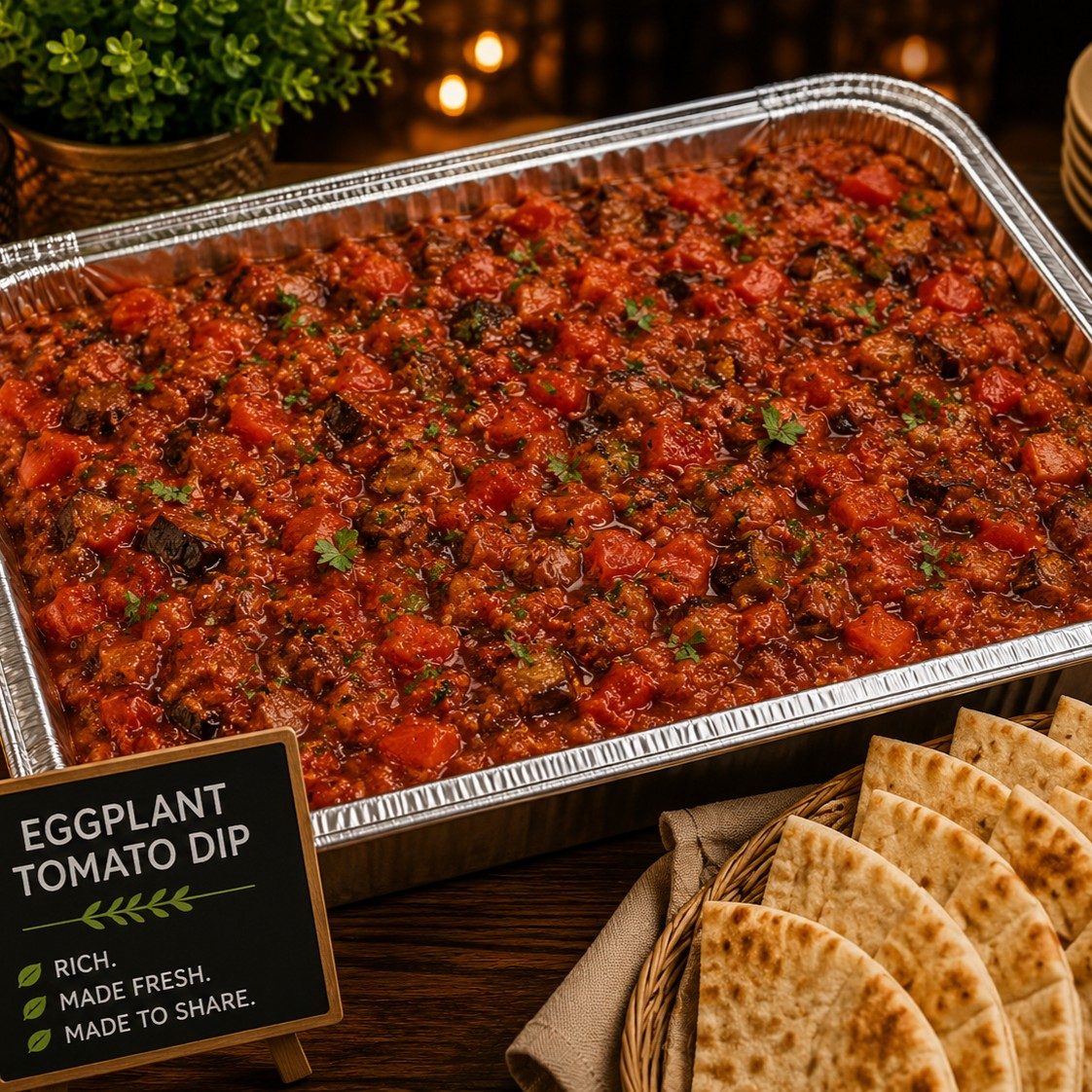 Eggplant Tomato Dip Half Tray Shallow + Bread.