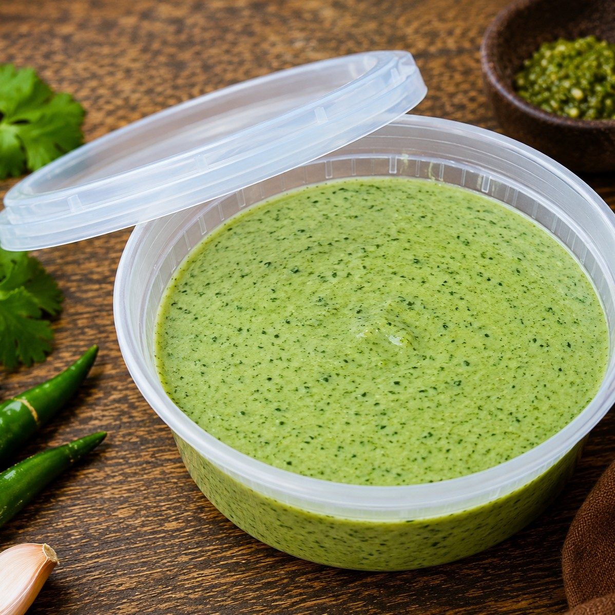 $ Green Chilli Sauce 8OZ Container.
