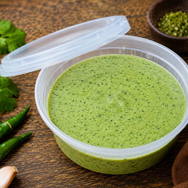 $ Green Chilli Sauce 8OZ Container.