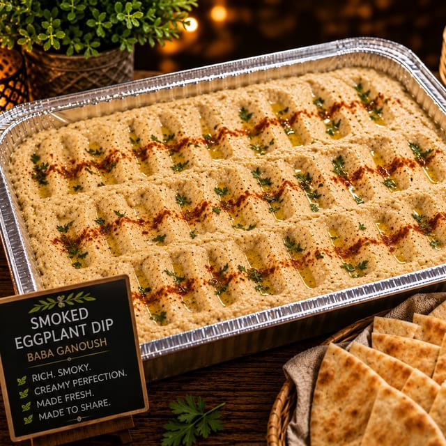 Smoked Eggplant Dip Half Tray Shallow + Bread.