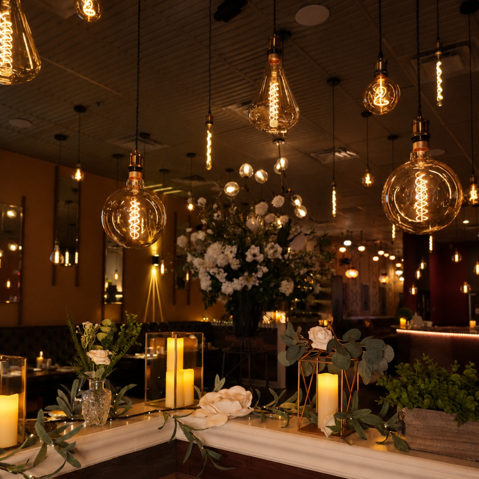 Warmly lit restaurant interior featuring hanging Edison bulbs, candlelit tables, and lush white floral arrangements.