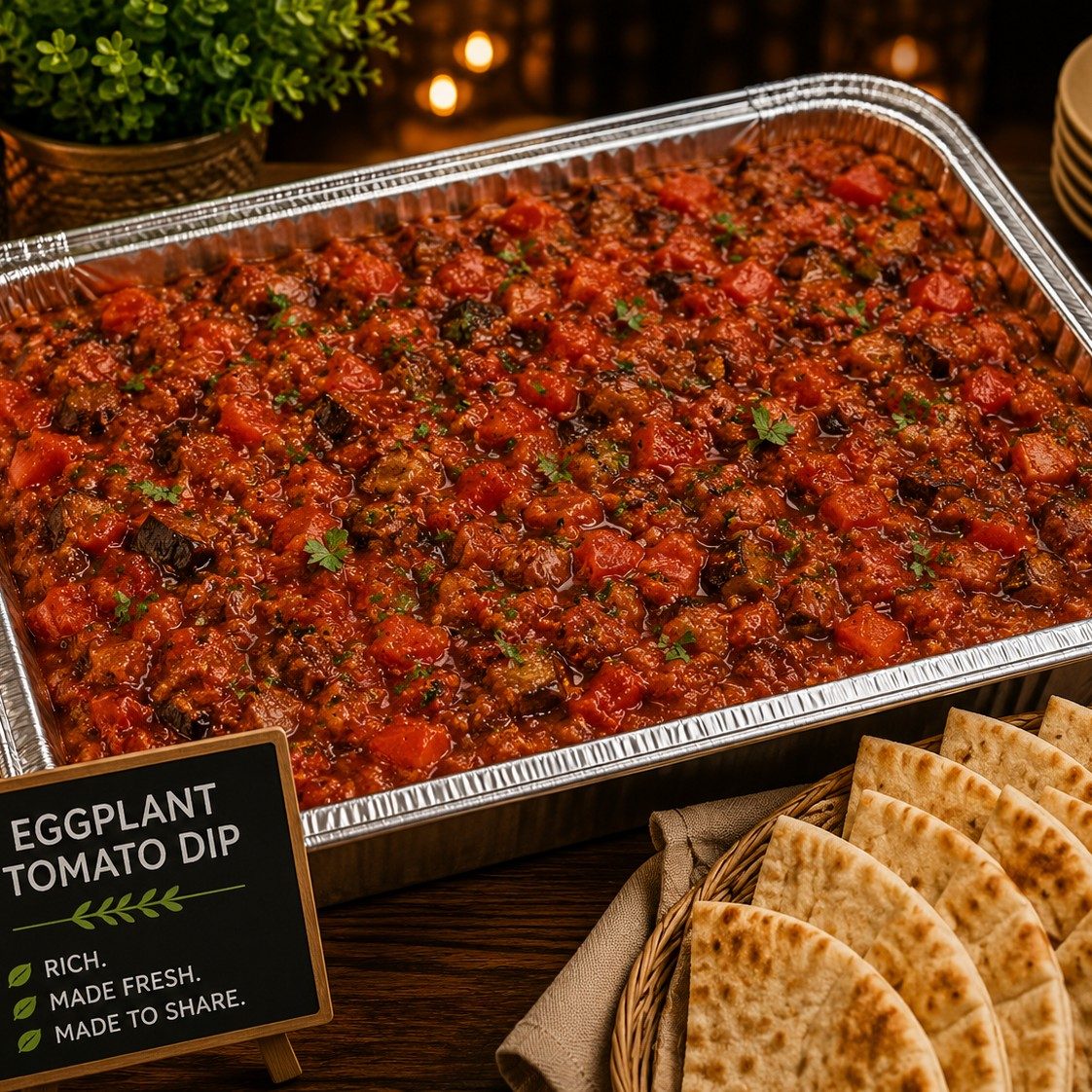 Eggplant Tomato Dip Half Tray Shallow + Bread.