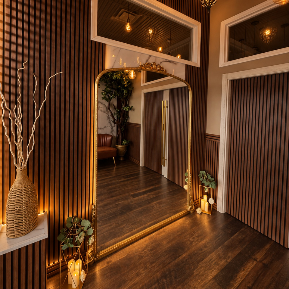 Elegant restaurant interior with a gold-framed floor mirror, wood-paneled walls, warm pendant lighting, candles, plants, and decorative vase.