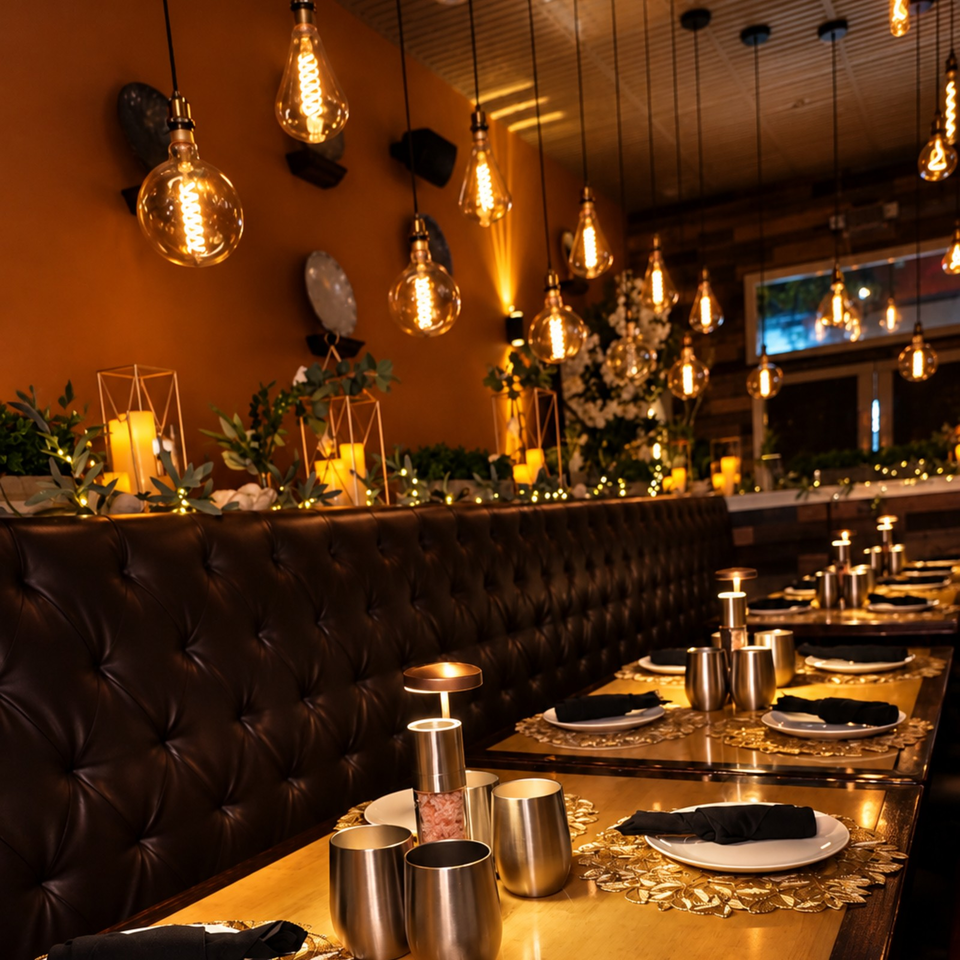 Elegant restaurant dining room with tufted leather booths, candlelit tables, floral greenery, and glowing hanging Edison bulbs.