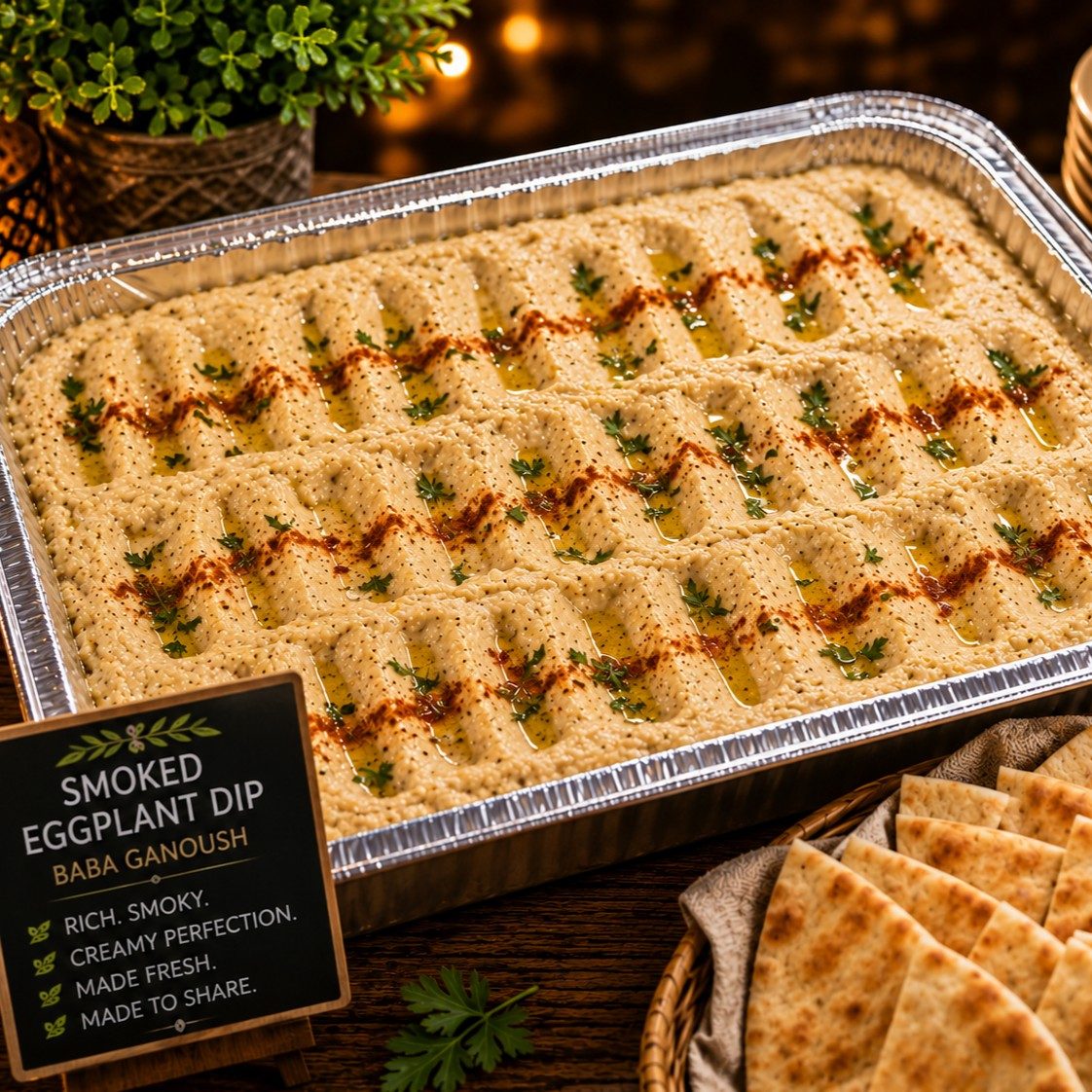 Smoked Eggplant Dip Half Tray Shallow + Bread.